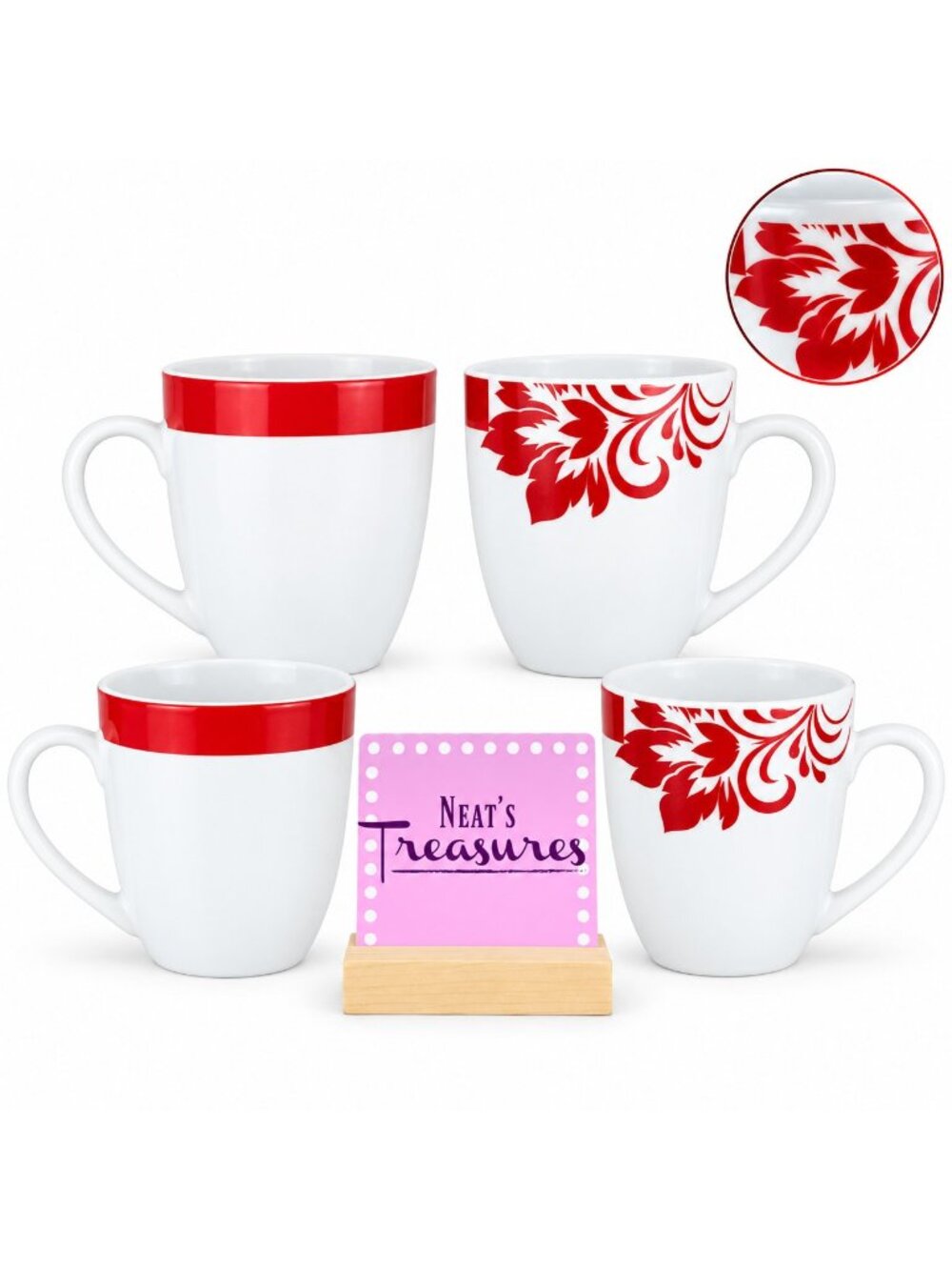 Ten 10 Strawberry Street Red Floral Design And Trim Coffee Tea Cups Set of Four